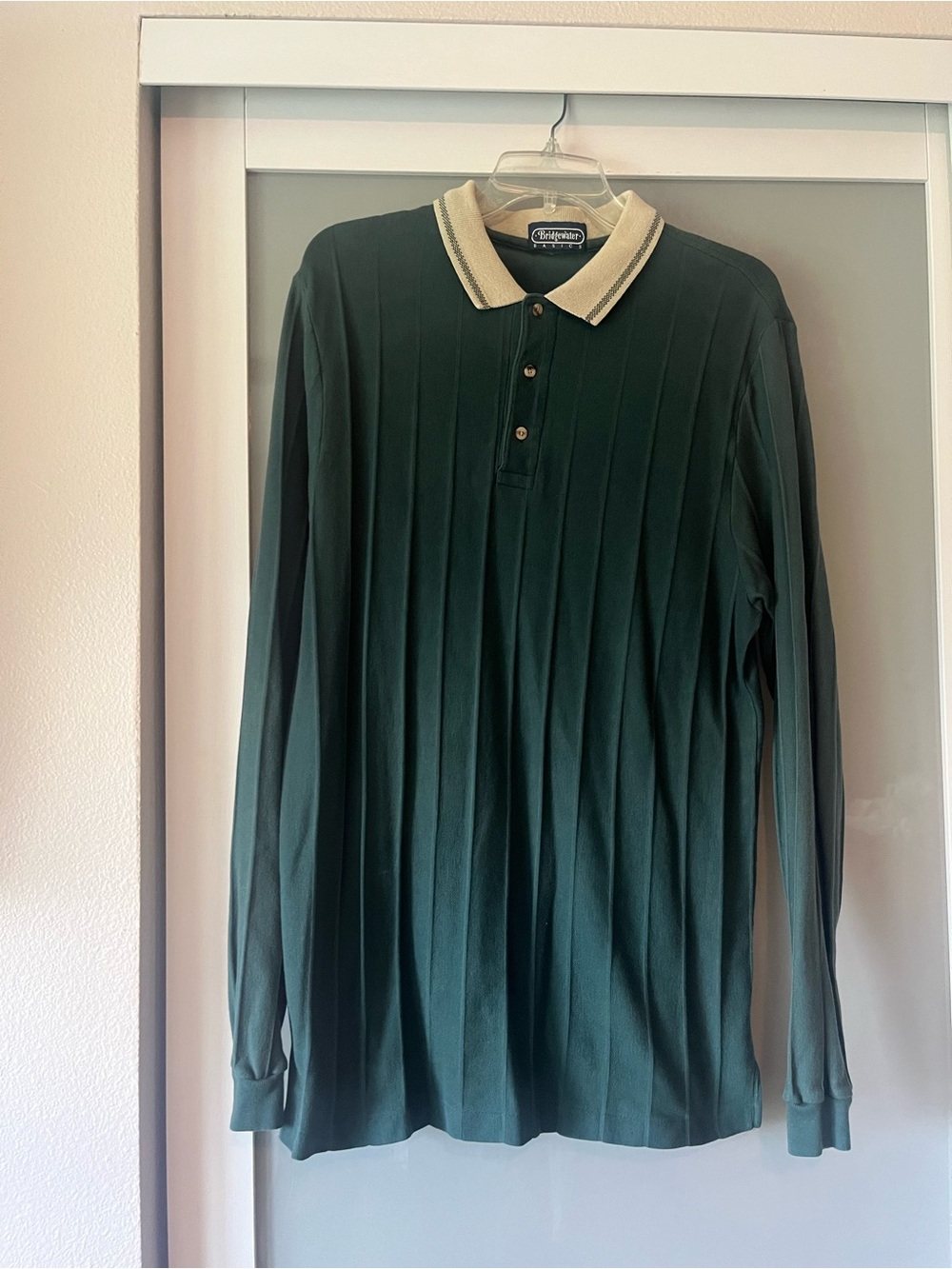 Bridgewater Basics 551Men's Long-Sleeve Polo Shirt - Green with Cream Collar